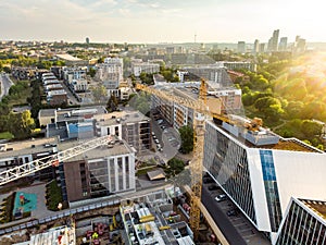 Aerial view of construction site in the city of Vilnius, Lithuania. Construction of apartment building in progress