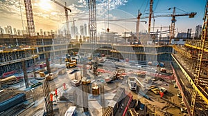 Aerial view of construction site, industrial cranes and steel frameworks rise above city. New