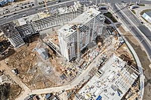 Aerial view of construction site of residential area buildings. birds eyes view