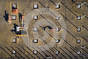 Aerial view. Construction site shot from above. Industrial place. Photo captured with drone