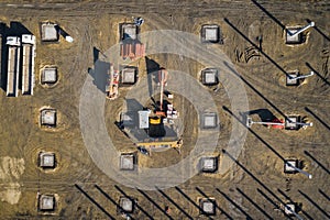 Aerial view. Construction site shot from above. Industrial place. Photo captured with drone