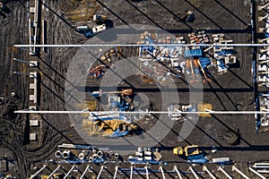 Aerial view. Construction site shot from above. Industrial place. Photo captured with drone