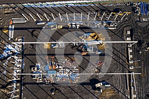 Aerial view. Construction site shot from above. Industrial place. Photo captured with drone