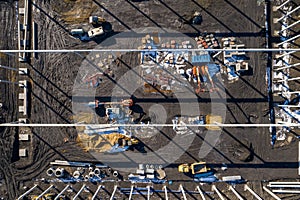 Aerial view. Construction site shot from above. Industrial place. Photo captured with drone