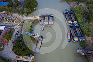 Aerial view of container boat logistic in chaopraya river thailand