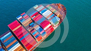 Aerial view container cargo ship, business freight shipping international by container cargo ship in the open sea.