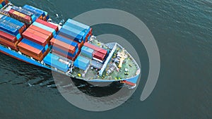 Aerial view container cargo ship, business freight shipping international by container cargo ship in the open sea.