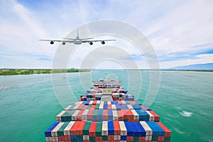 Aerial view container cargo ship and commercial plane for transport and logistic import export concept