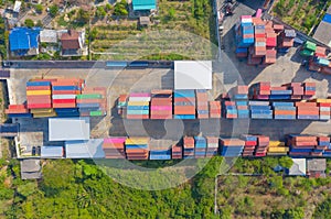 Aerial view of container cargo ship in the export and import business and logistics international goods in urban city. Shipping to