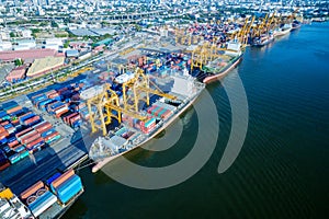 Aerial view container and cargo ship, import export, business lo