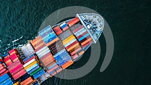 Aerial view Container Cargo ship import and export business, Top