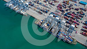 Aerial view container cargo ship, import export commerce global business trade logistic and transportation of International by