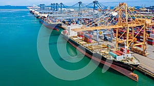 Aerial view container cargo ship, import export commerce global business trade logistic and transportation of International by