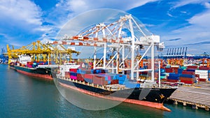 Aerial view container cargo ship, import export commerce global business trade logistic and transportation of International by