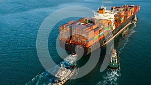 Aerial view container cargo ship, import export commerce global business trade logistic and transportation of worldwide by