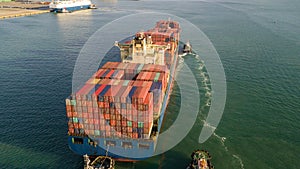 Aerial view container cargo ship, import export commerce global business trade logistic and transportation of worldwide by