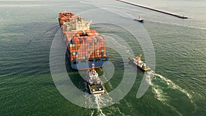 Aerial view container cargo ship, import export commerce global business trade logistic and transportation of worldwide by