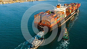 Aerial view container cargo ship, import export commerce global business trade logistic and transportation of worldwide by