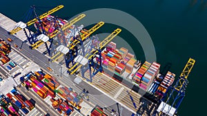 Aerial view container cargo ship at industial port in import export business logistic and transportation of international by