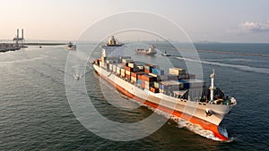 Aerial view container cargo ship maritime carrying container, Global business import export logistic freight shipping