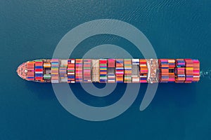 Aerial view of container cargo ship in sea.