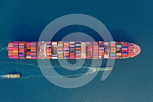 Aerial view of container cargo ship in sea.