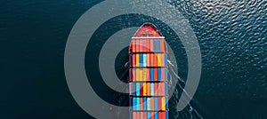Aerial view of container cargo ship at sea, industrial transportation and logistics concept.