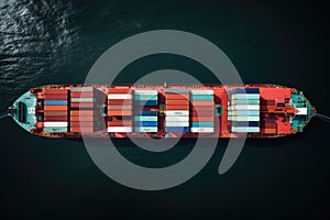 Aerial view of container cargo ship with working crane bridge in sea, Container ship in the sea. Top view, AI Generated