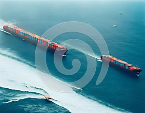 Aerial view container cargo ships in open sea. AI