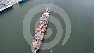 Aerial view of a container ship.