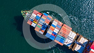 Aerial view container ship carrying container box global business cargo freight shipping commercial trade logistic and