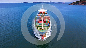 Aerial view container ship carrying container in import export business logistic and transportation of international by container