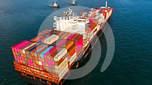 Aerial view container ship carrying container in import export business logistic and transportation of international by container