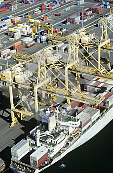 Aerial view container ship in dock Sydney Australia