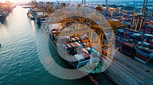 container ship harbor cranes sunset