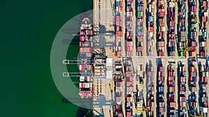 Aerial view container ship freight shipping at port, Global business logistic import and export freight shipping transportation