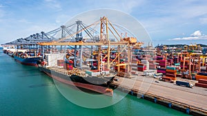 Aerial view container ship import export commercial global business trade logistic and transportation of International by