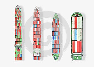 Aerial view container ship isolated on white background .