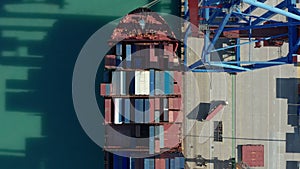 Aerial view. Container ship loading and unloading in deep sea port.