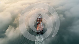 Aerial view of a container ship navigating through a dense fog relying on advanced navigation technology and skilled