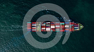 Aerial view container ship in open sea, Global business company logistic industry commerce import export logistic transportation