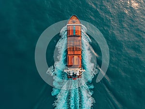 Aerial view. Container ship sailing on the sea