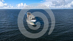 Aerial view of container ship sailing in the sea