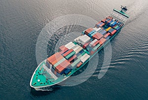 Aerial view of container ship sailing in sea