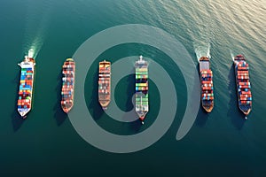 Aerial view of container ship in the sea. Freight transportation concept, Four container ships sail across the ocean in this
