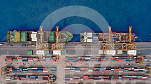 Aerial view container ship from sea port for import export or transportation concept background