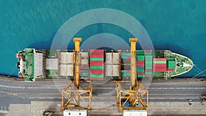 Aerial view container ship from sea port for import export or transportation concept background