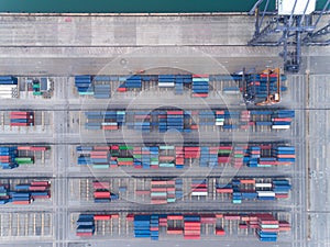 Aerial view container ship from sea port warehouse waiting for delivery containers shipment. Suitable use for transport or import