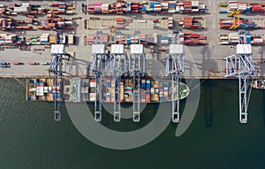 Aerial view container ship to sea port loading container for import export or transportation. shipping  business logistic. Trade