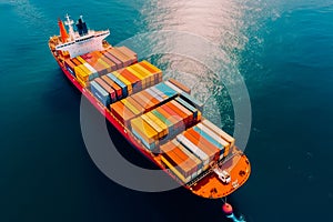 Aerial view of container ship transporting cargo in the sea